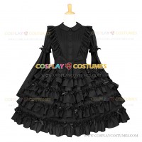 Elegant Lolita Dress Black Cascading Tiered Wide Sleeve Dress