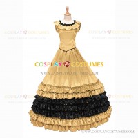 18th Century Vintage Ruffles Brocaded Sleeveless Gown Yellow Dress