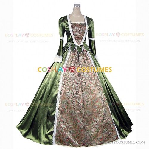 Renaissance Colonial Period Ball Gown Prom Brocade Satin Dress Olive