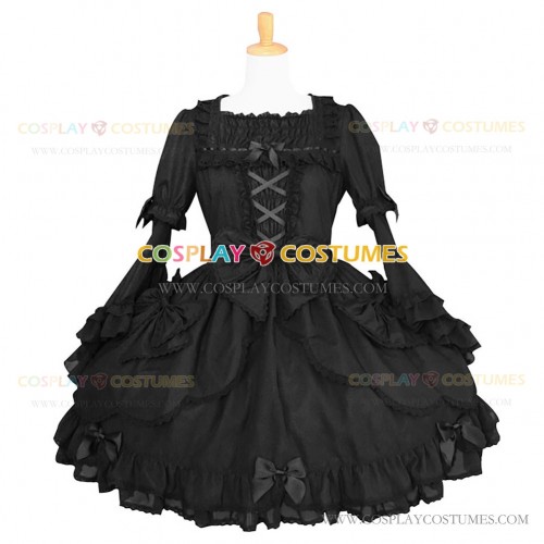 Wide Sleeve Black Gothic Lolita Dress Tiered Ruffle Bow Dress