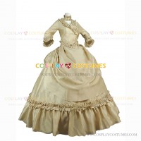 Victorian Layered Bustle Reenactment Masquerade Gown Solid Color Dress Beige