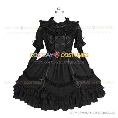 Black Solid Color Gothic Lolita Dress Ruffled Crew Collar Tiered Dress