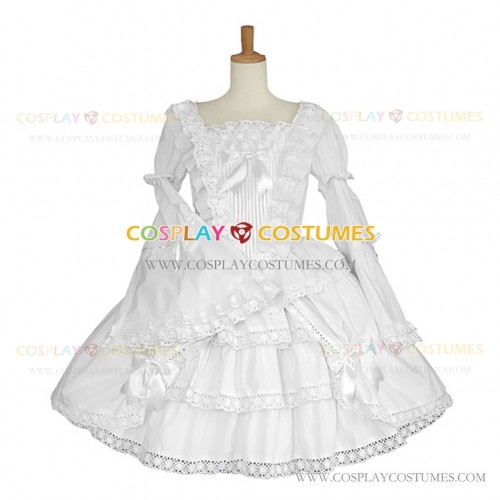 Solid Color White Gothic Lolita Dress Tiered Wide Sleeve Lace Dress