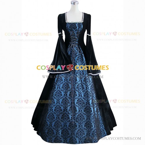 Gothic Renaissance Court Regal Queen Lady Gown Jacquard Dress Blue