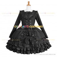 Black Gothic Lolita Dress Tiered Solid Color Naval Collar Bow Dress