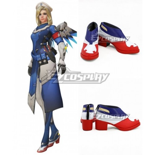 Overwatch OW Combat Medic Mercy Angela Ziegler Blue White Red Cosplay Shoes