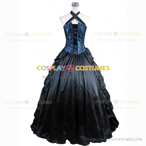 High Quality Victorian Gothic Jacquard Halterneck Dress Blue