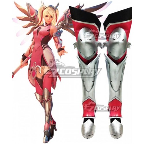 Overwatch OW Pink Mercy Charity Skin Mercy Angela Ziegler Pink Silver Shoes Cosplay Boots