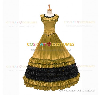 18th Century Vintage Ruffles Brocaded Sleeveless Gown Golden Dress