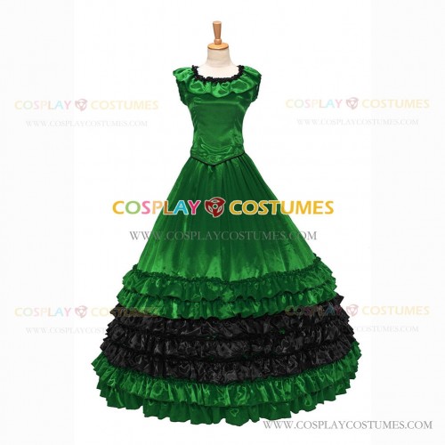 18th Century Vintage Ruffles Brocaded Sleeveless Gown Green Dress