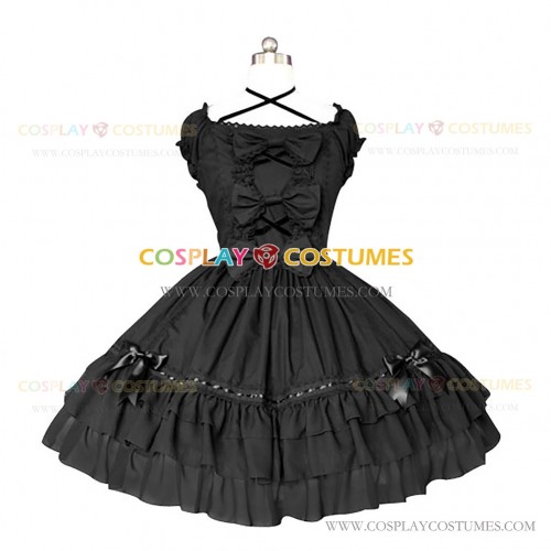 Gothic Lolita Dress Sleeveless Black Tiered Cute Bow Dress