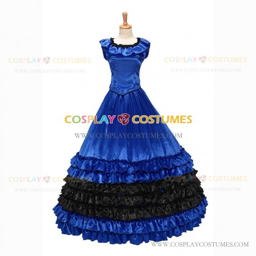 18th Century Vintage Ruffles Brocaded Sleeveless Gown Dark Blue Dress