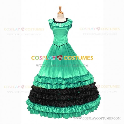 18th Century Vintage Ruffles Brocaded Sleeveless Gown Green Dress