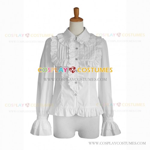 Ladies Lolita Blouse Victorian Style White Fancy Pleated Turndown Collar Blouse