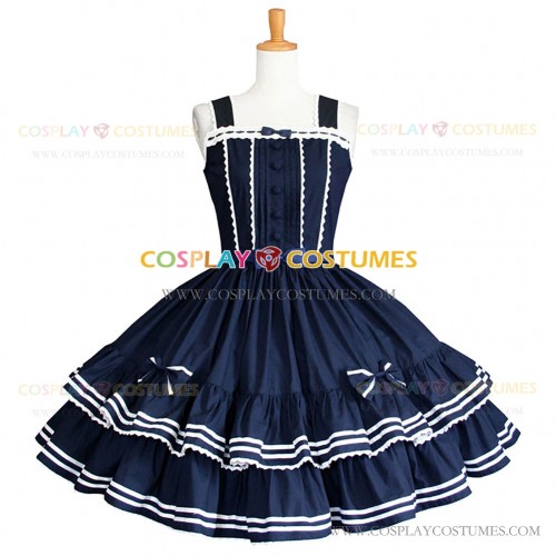 Sailor Lolita Dress Nautical Style White Stripes Sleeveless Naval Collar Tiered Dress Blue