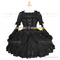 Wide Sleeve Black Gothic Lolita Dress Tiered Ruffle Bow Dress