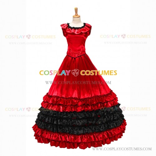 18th Century Vintage Ruffles Brocaded Sleeveless Gown Red Dress