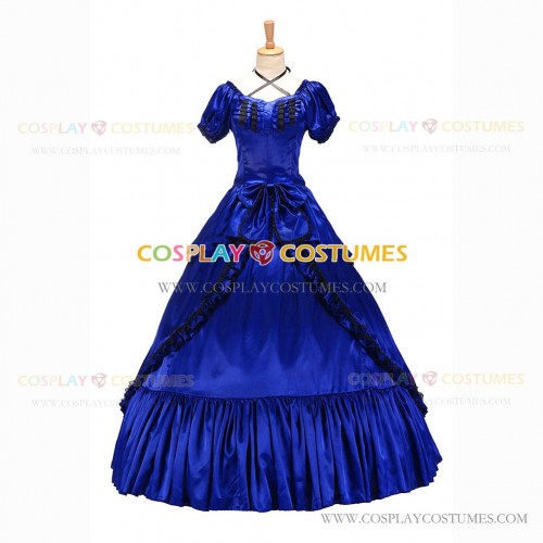 Reenactment Victorian Scarlett O'Hara Rococo Royal Blue Ball Gown Dress