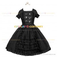 Solid Color Black Gothic Lolita Dress Lace Ruffle Tiered Punk Lolita Dress